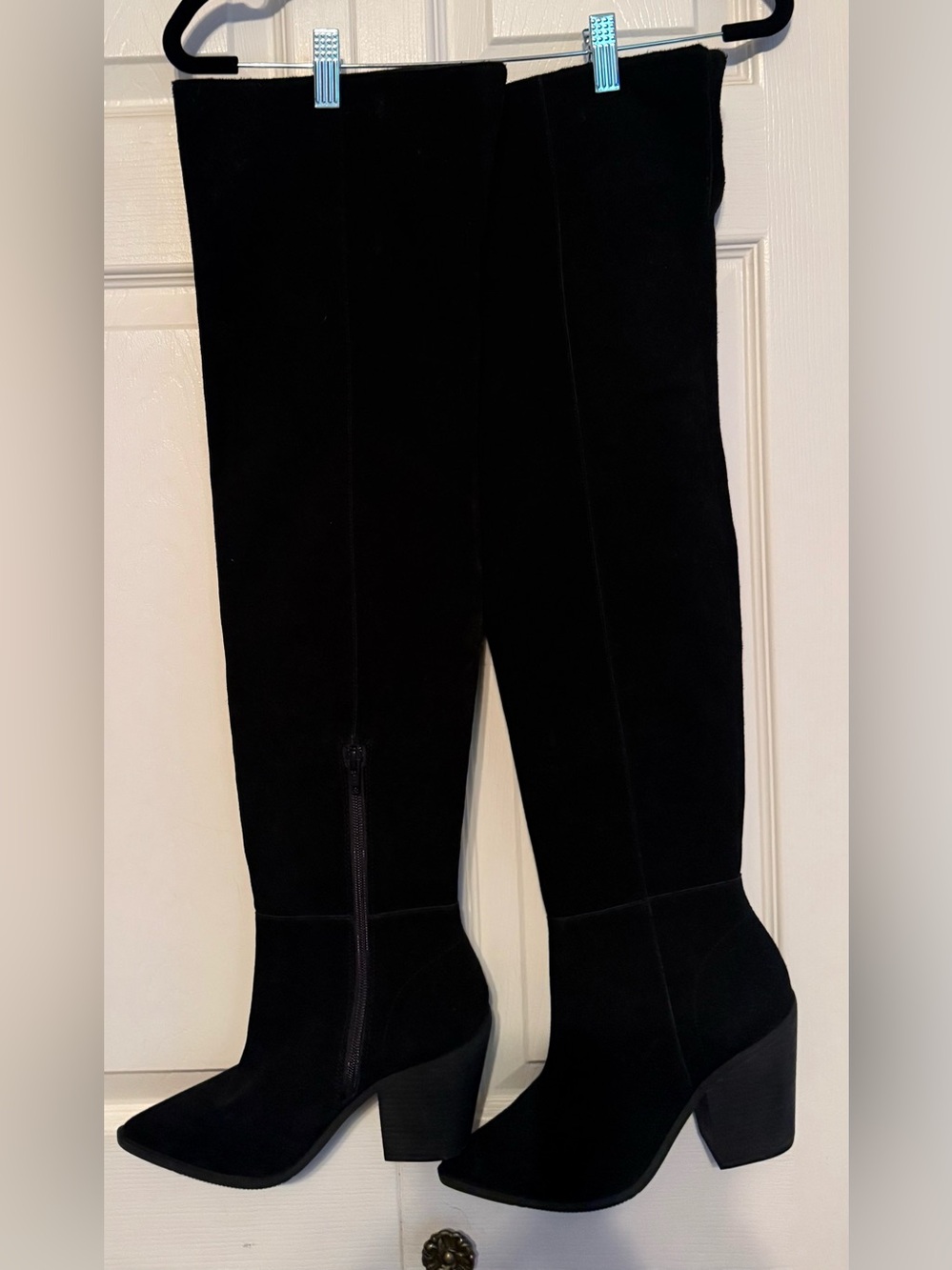 Black Suede Knee-High Block Heel Boots